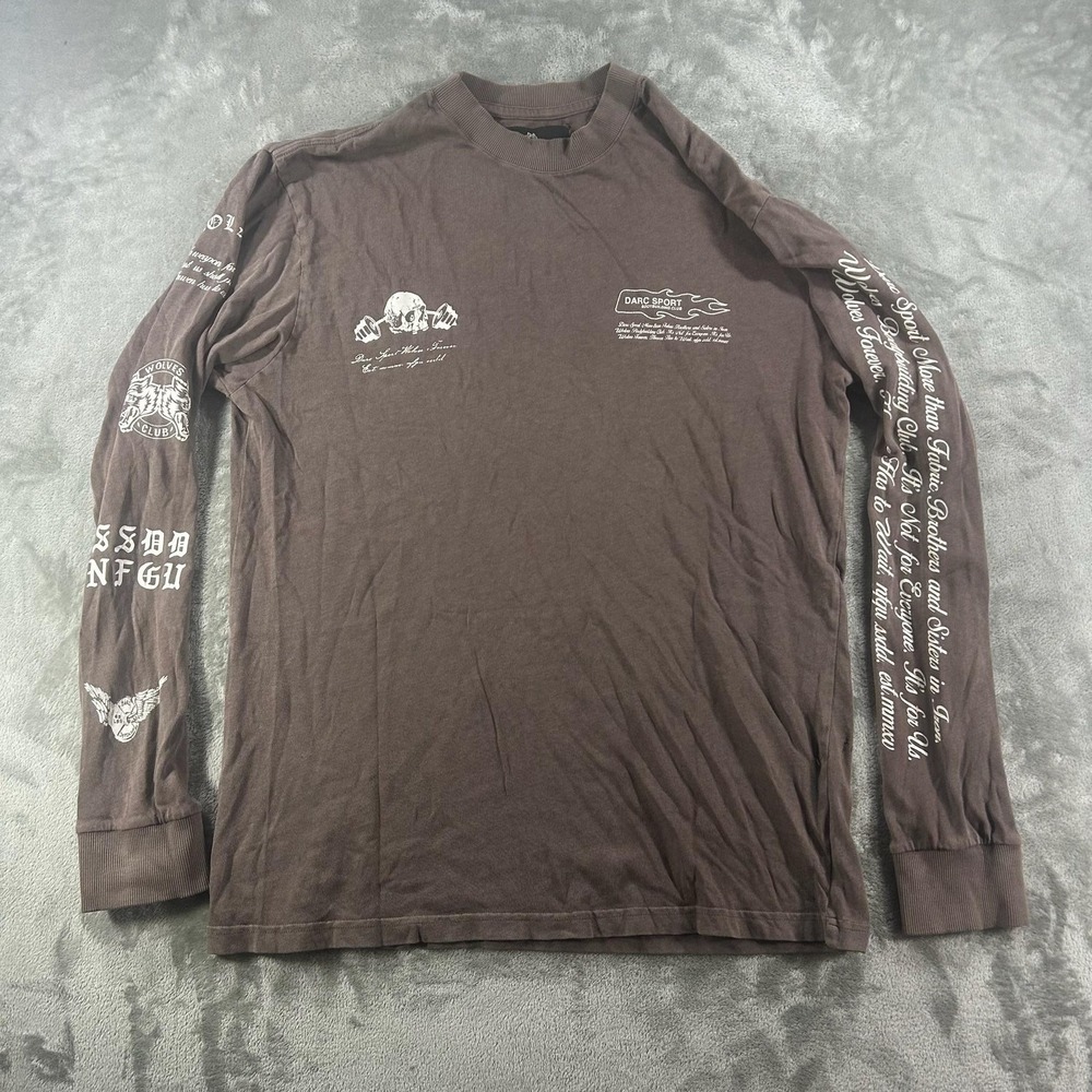 Darc Sport Shirt Mens XL Brown Long Sleeve Wolves Skull Graphic Tee Bodybuilding
